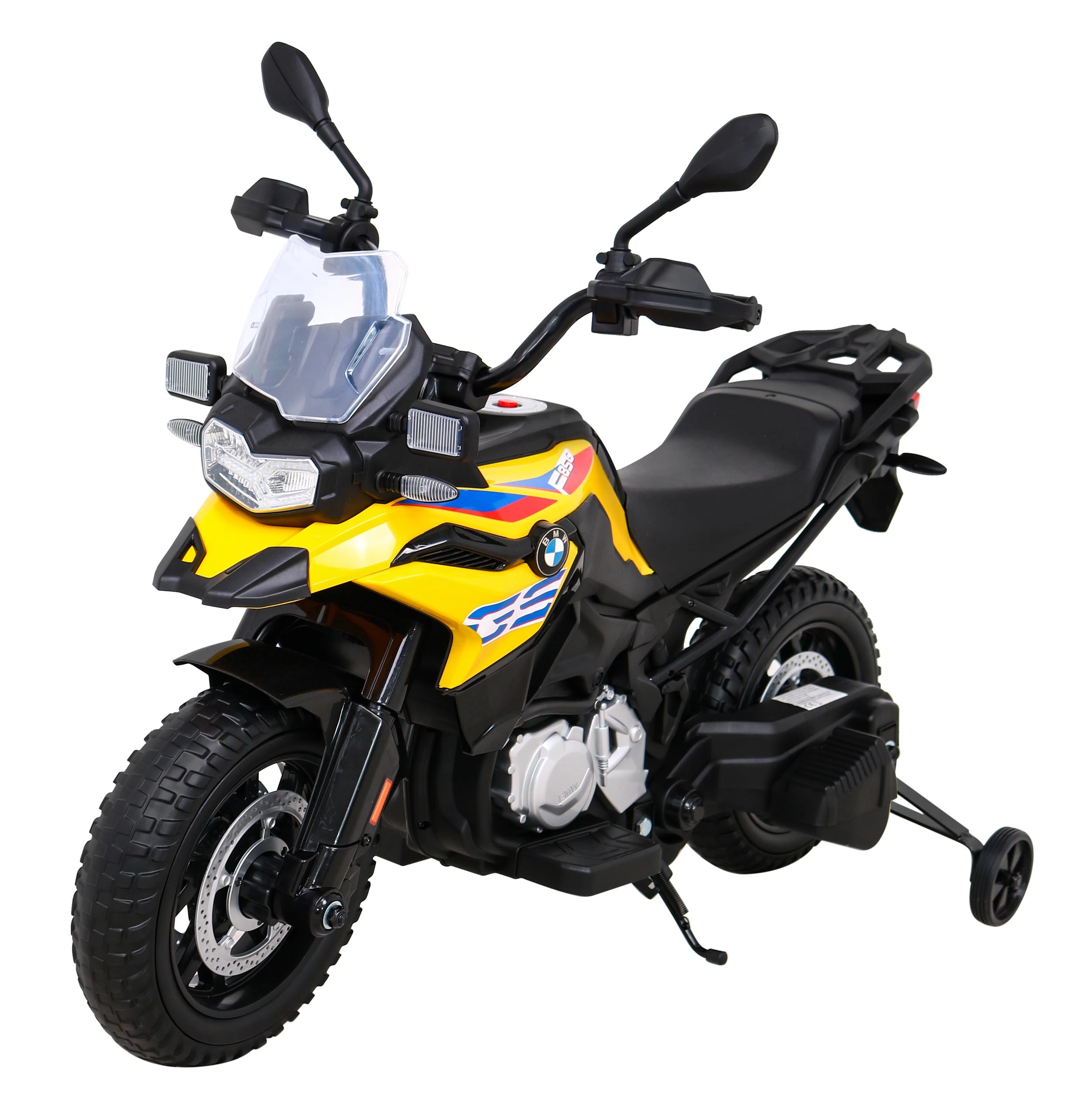 Dětská elektrická motorka BMW F850 GS žlutá s pomocnými kolečky, LED a audio