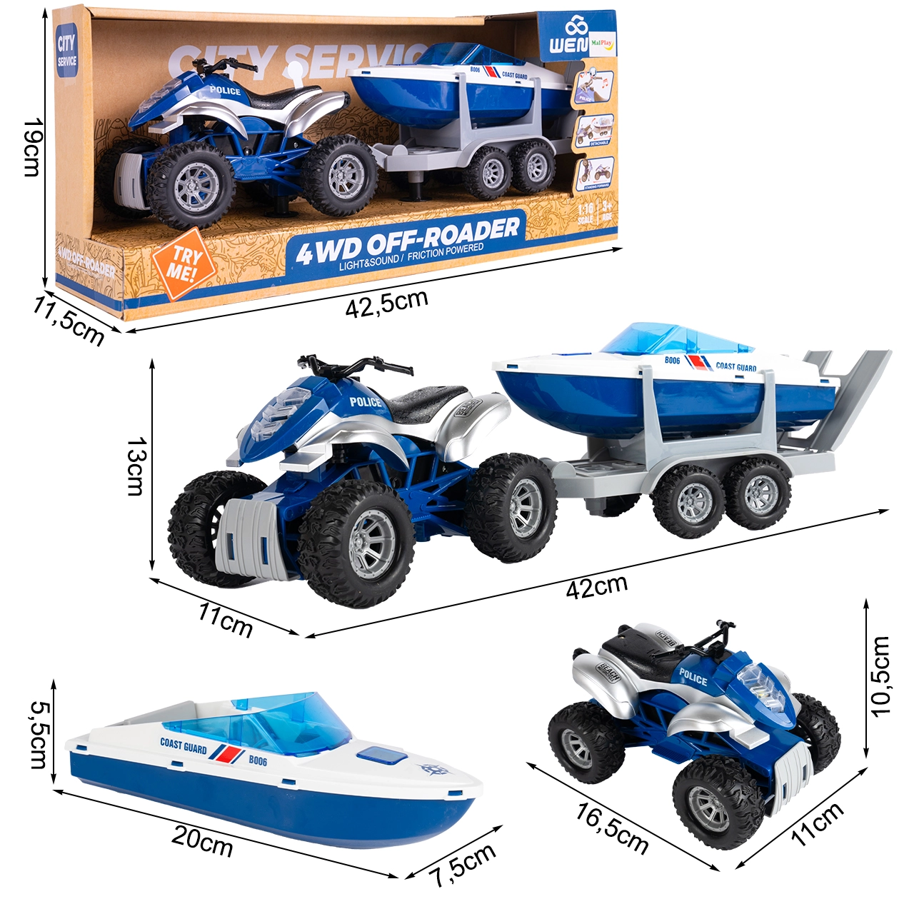 Policejní set – čtyřkolka a motorový člun 1:16