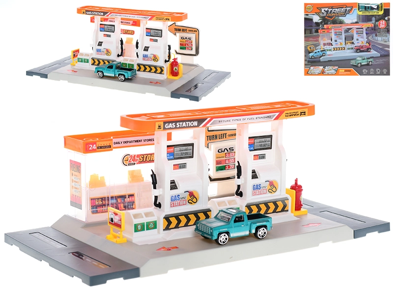 Stavebnice benzinové stanice 34 × 17 cm s kovovým autem