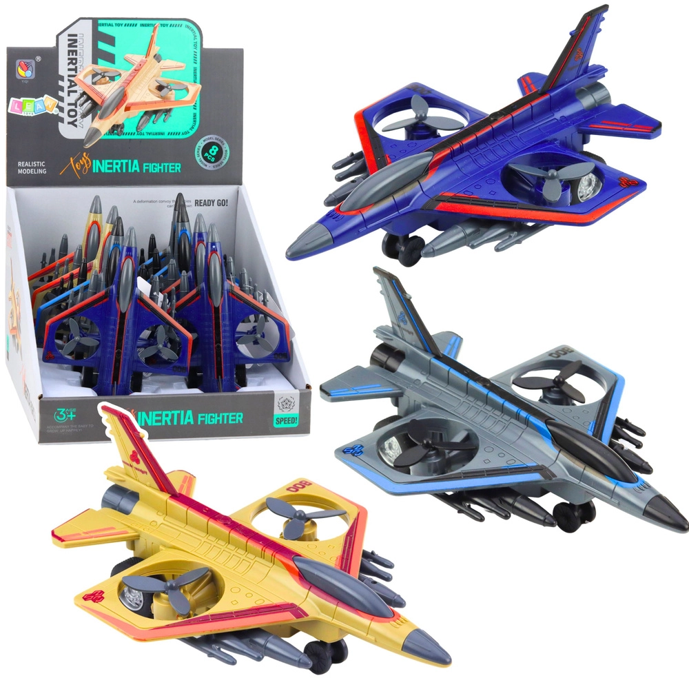 Vojenský tryskáč se setrvačníkem a rotujícími vrtulemi