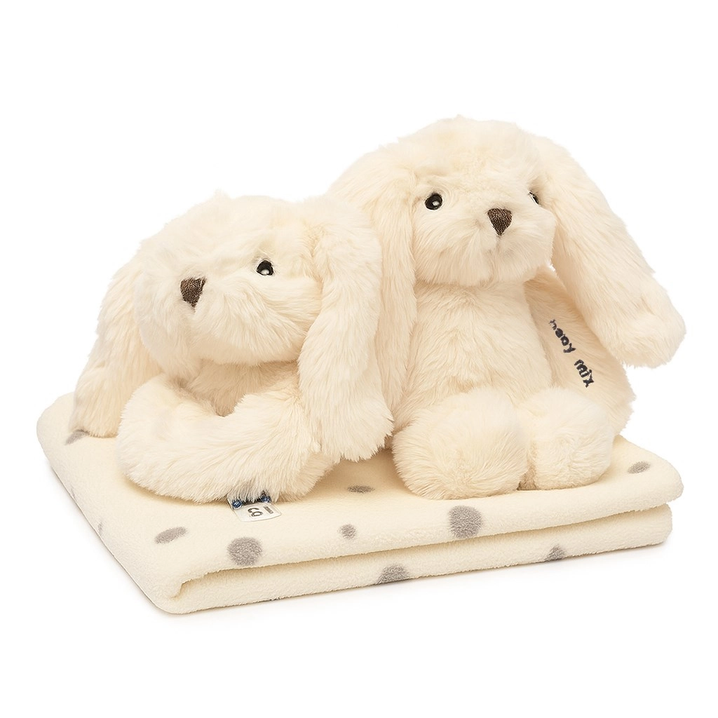 Dárková sada BABY MIX – bílý zajíček s hrkálkou a měkoučkou dekou