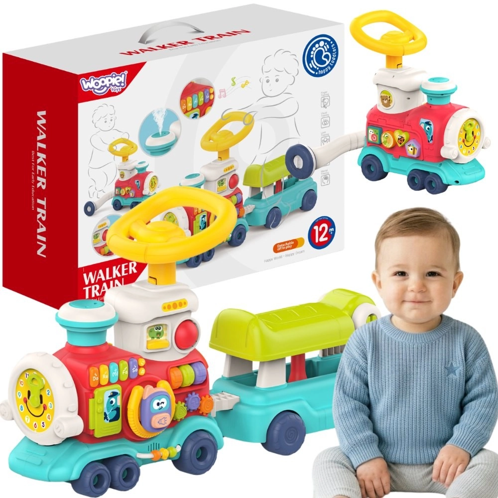 Woopie Baby interaktivní lokomotiva 2v1 pchací chodítko a odrážedlo s párou