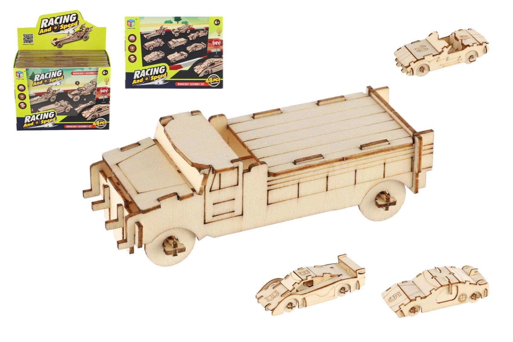 Dřevěné 3D puzzle – závodní auto, sada 4 ks