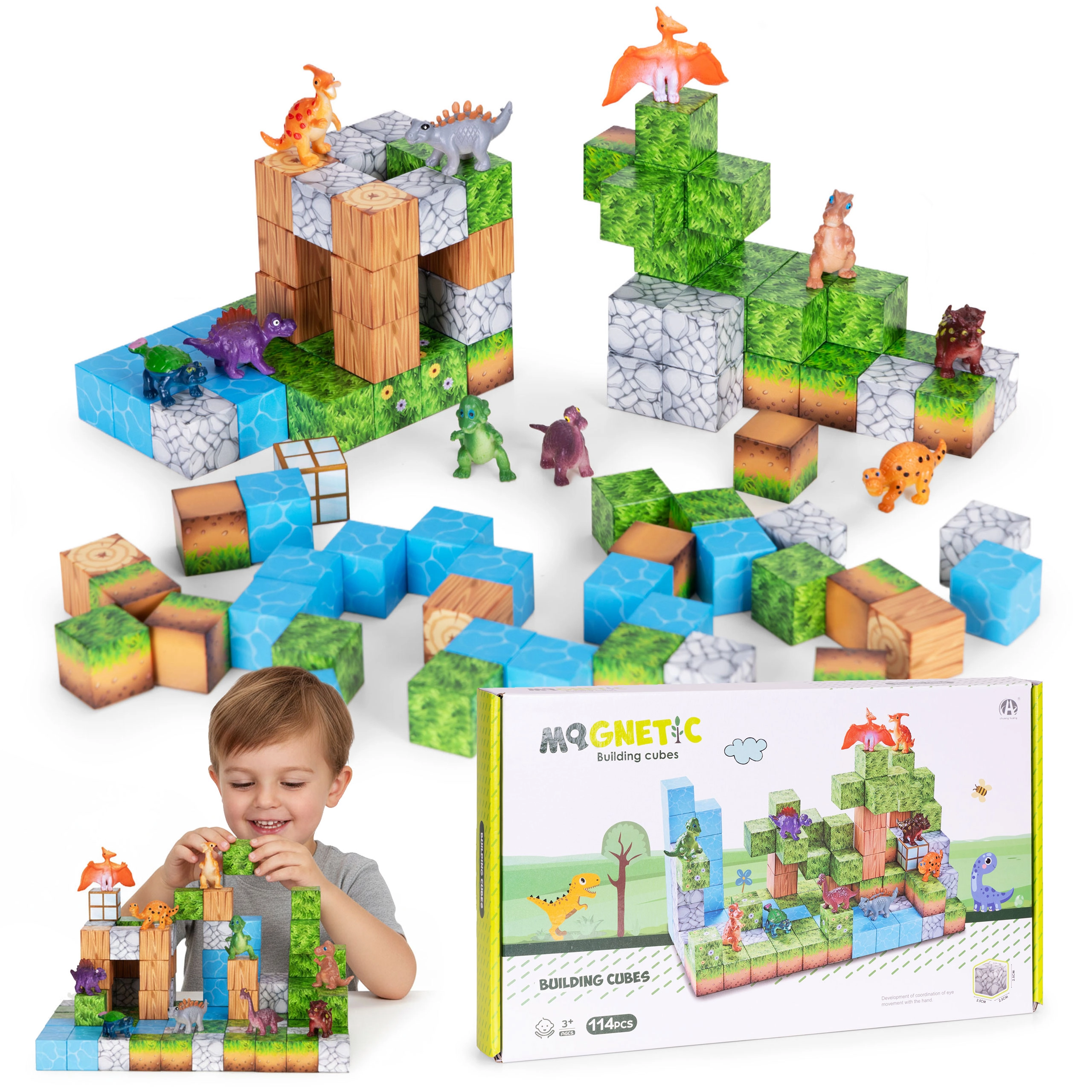 Magnetické stavební kostky pro děti 114 ks – dinosauři