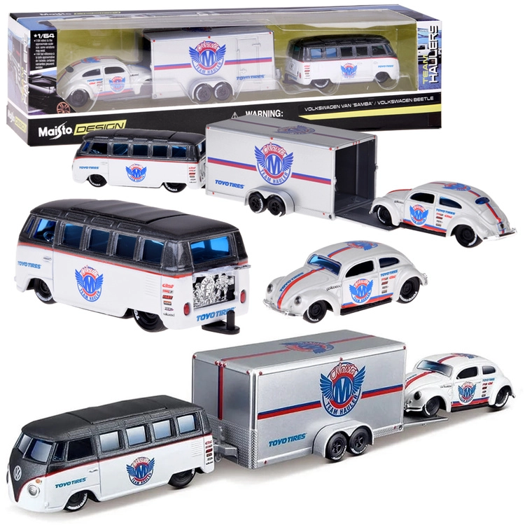 Maisto kovový set 1:64 – volkswagen van samba s přívěsem a volkswagen beetle