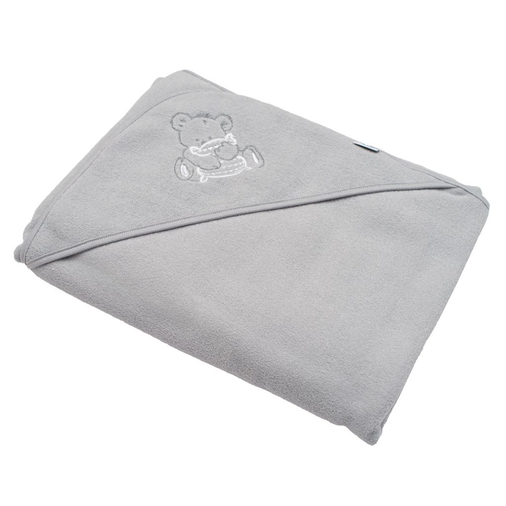 Dětská froté osuška s kapucí New Baby, šedá, 100 × 100 cm, medvěd