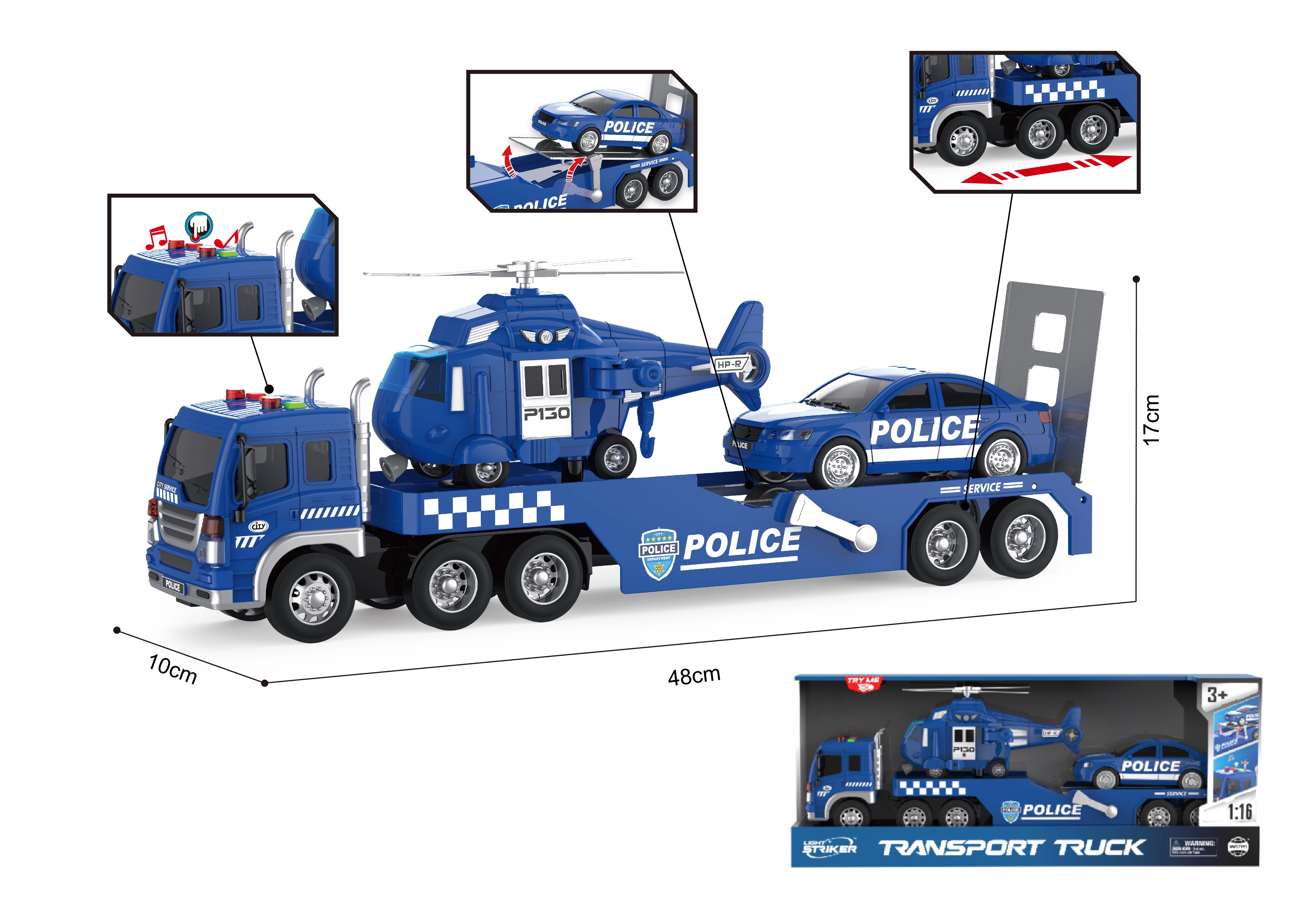 Policejní odtahový vůz 1:16 se světly, zvuky, autem a vrtulníkem