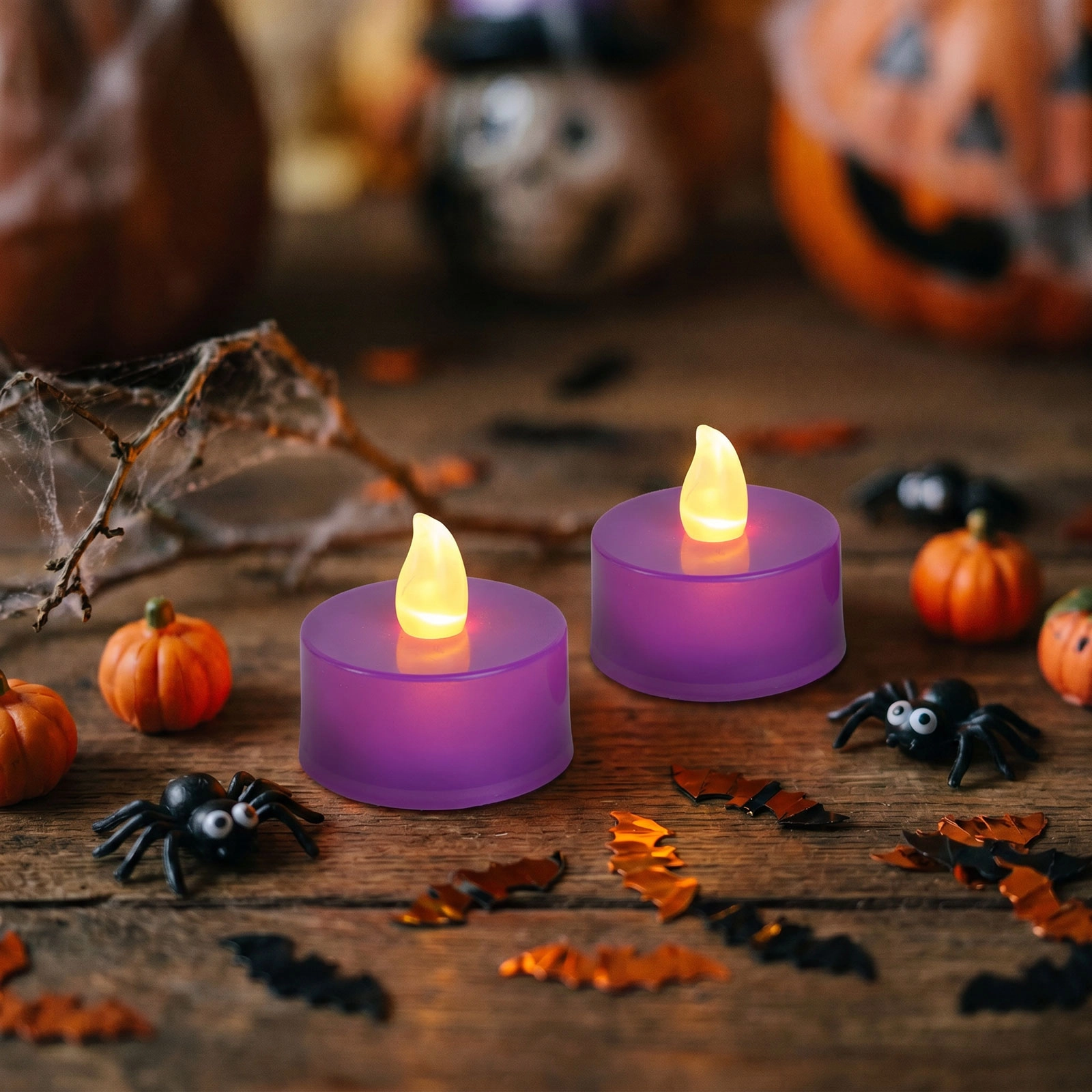 Halloweenová LED čajová svíčka fialová, 2 ks
