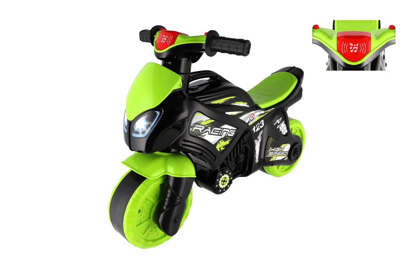 dětské odrážedlo motorka zeleno‑černá se světlem a zvuky