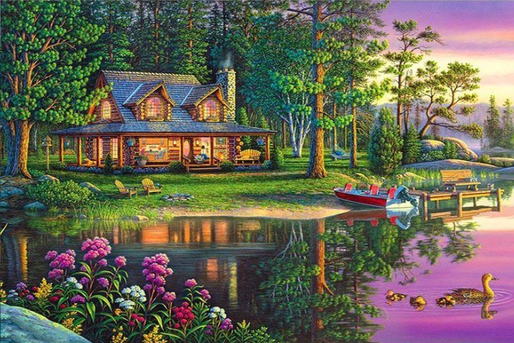 Norimpex Malování podle čísel Dům v lese u rybníka 40 × 50 cm