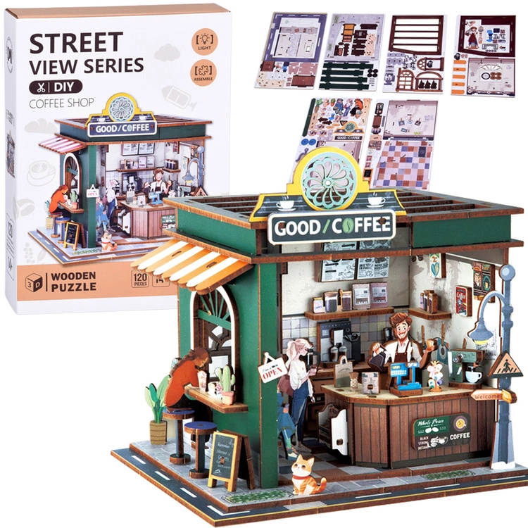 Dřevěné 3D puzzle kavárna se světlem, 120 dílů