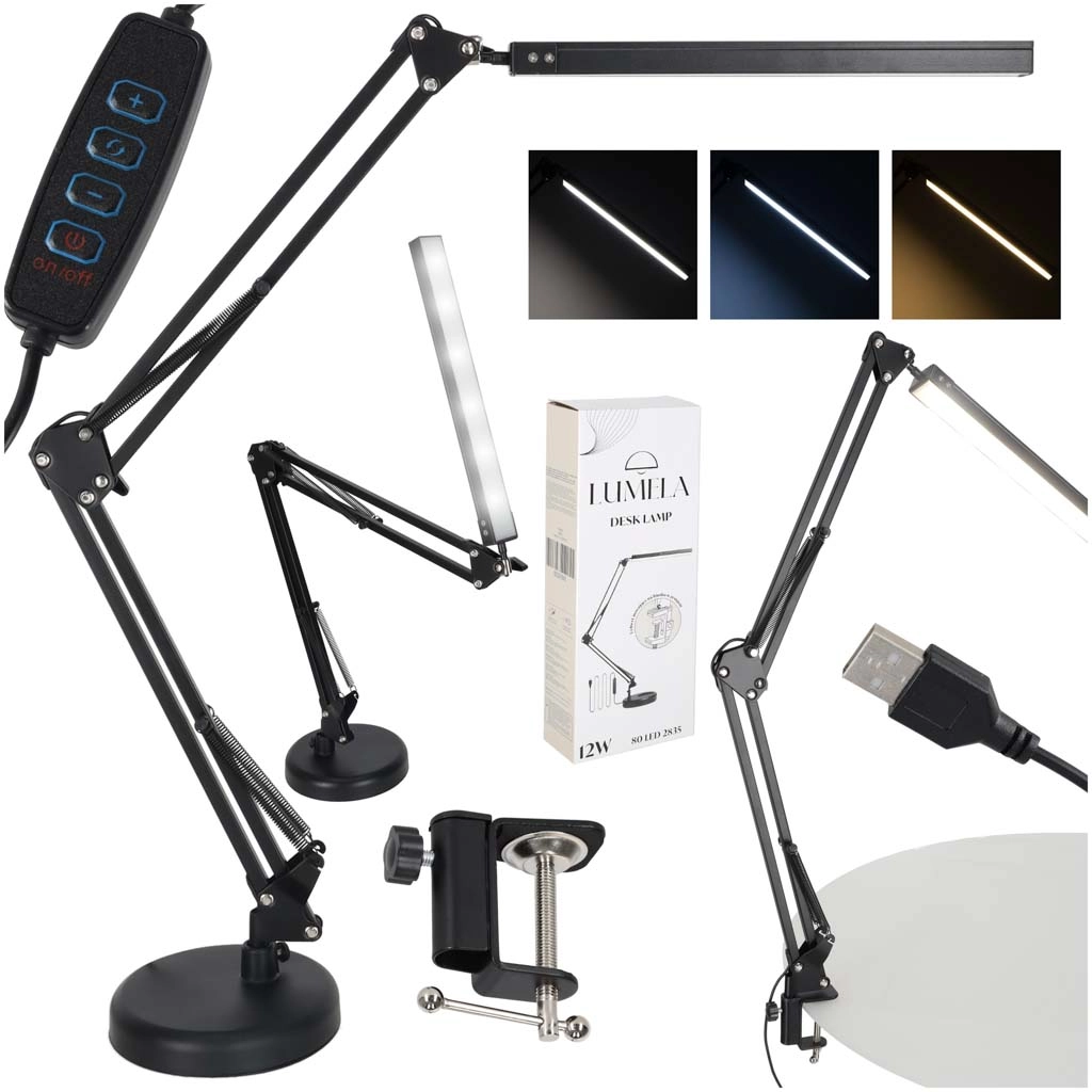 Stolní LED lampa s nastavitelným ramenem a USB, 2 způsoby uchycení