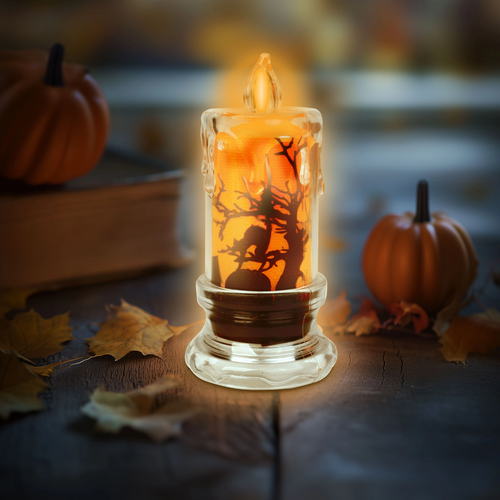 Halloweenská LED svíčka s netopýrem a oranžovým světlem