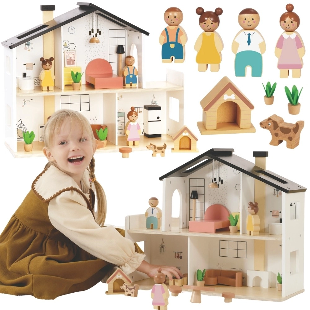 Levně Tooky Toy dřevěný domeček pro panenky s příslušenstvím a rodinkou (20 ks)