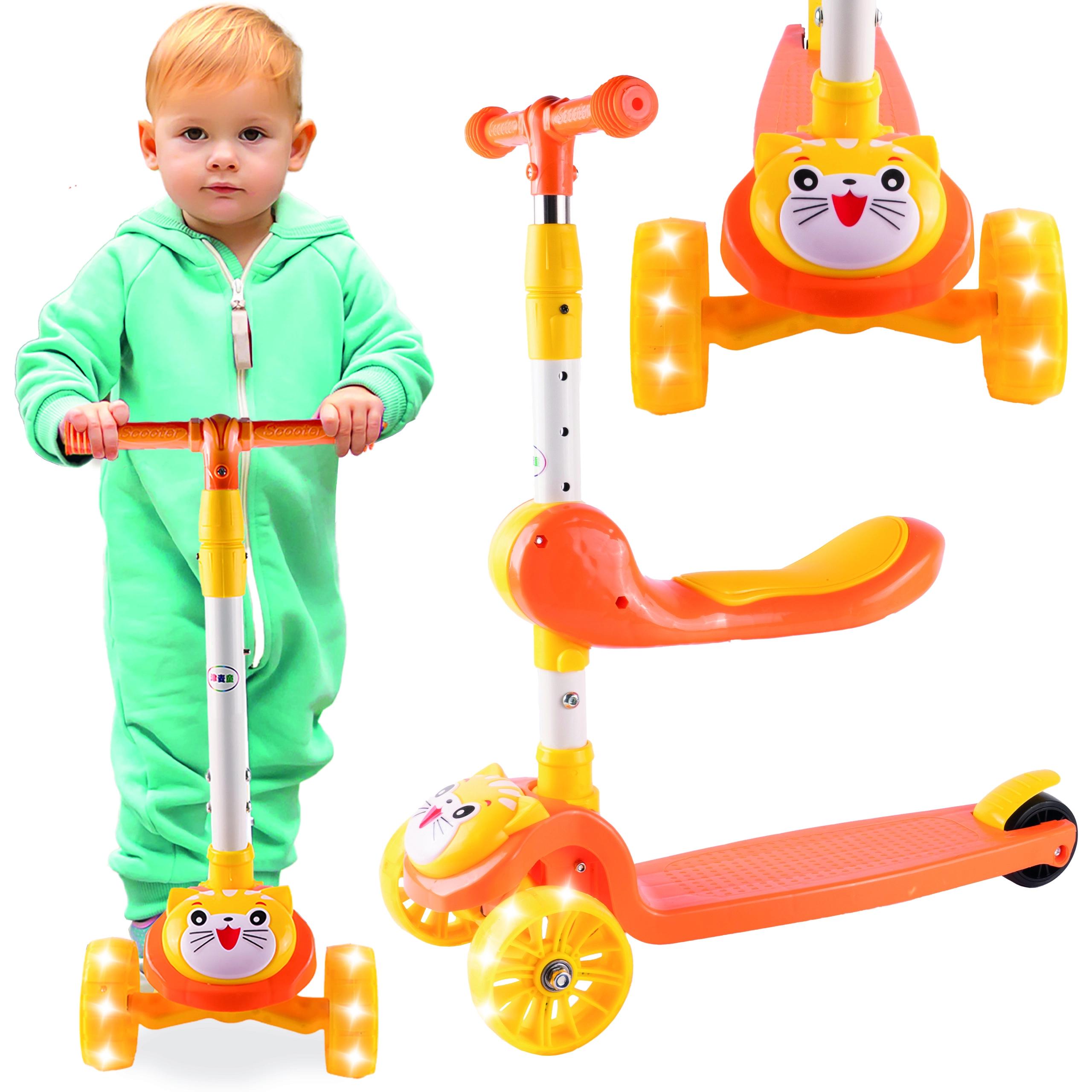 Tříkolová koloběžka s LED koly a sedátkem – kočička, oranžová
