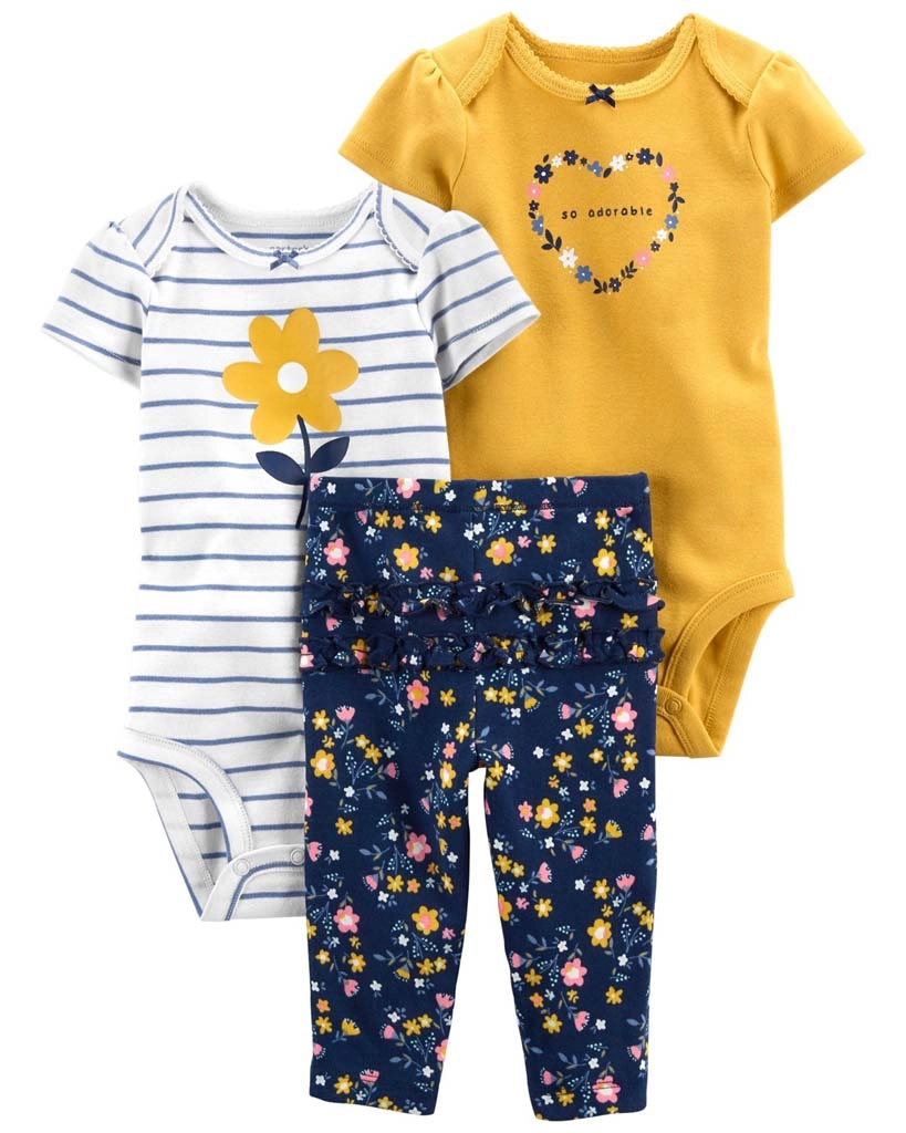Carter's 3dílná sada pro dívky multiflora – 2× body s krátkým rukávem a kalhoty