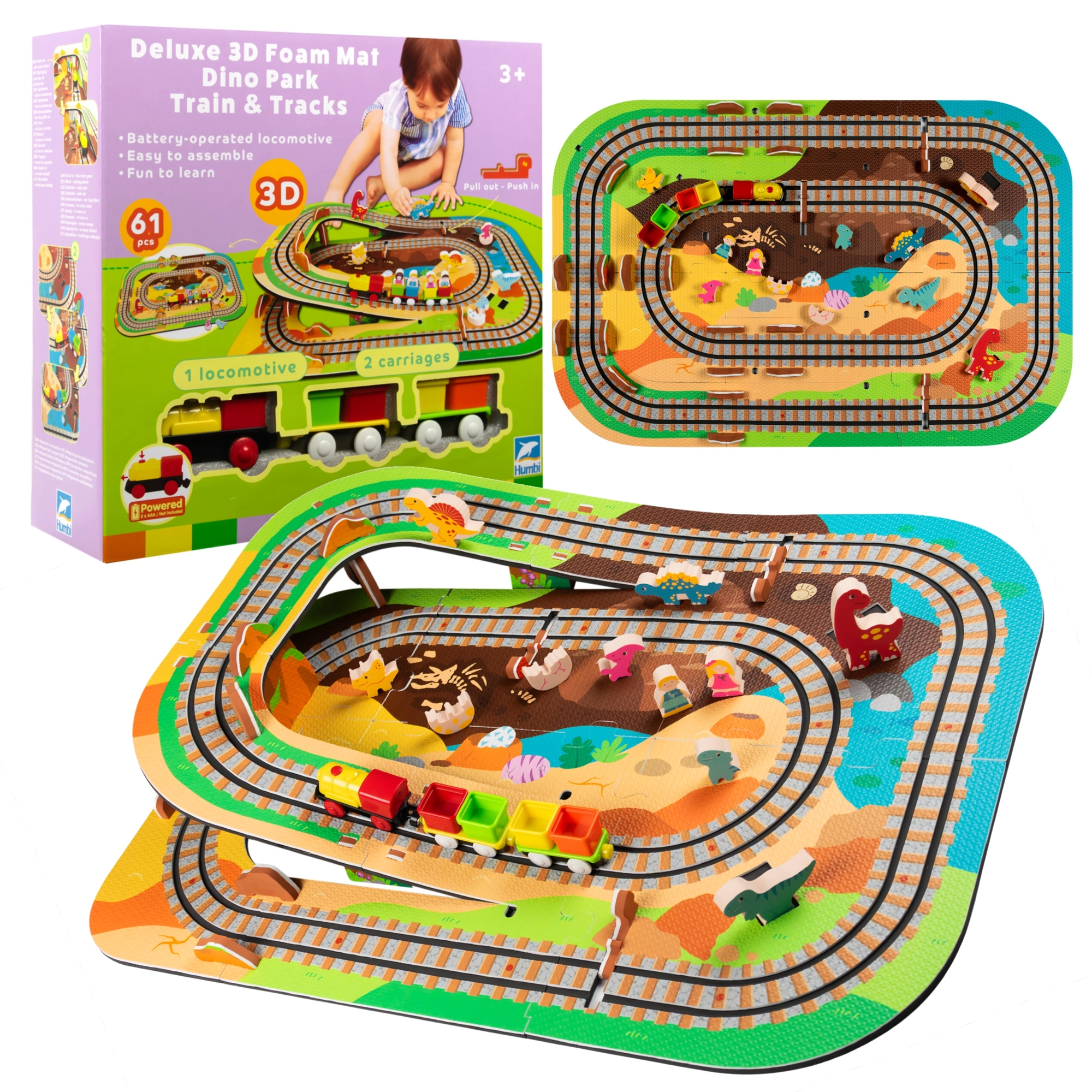 Pěnová podlahová sada 3D Dino park s vláčkem 61 dílů HUMBI