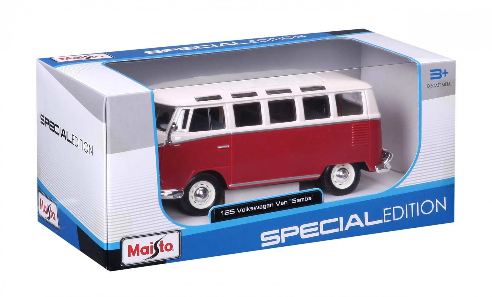 Kovový model Volkswagen Samba červená a bílá