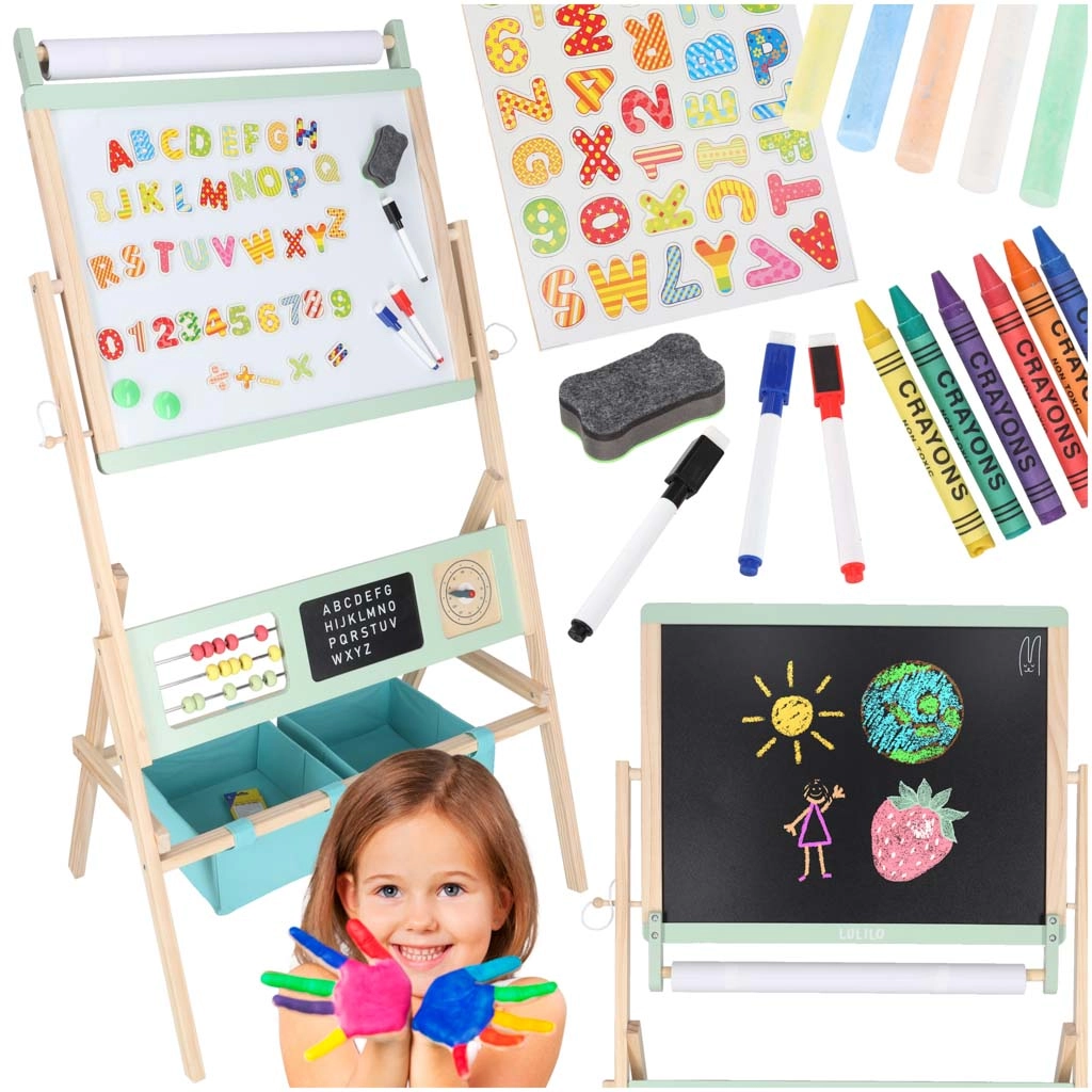 Dřevěná dětská oboustranná tabule LULILO Kredo 3v1 s magnety, papírem a koši