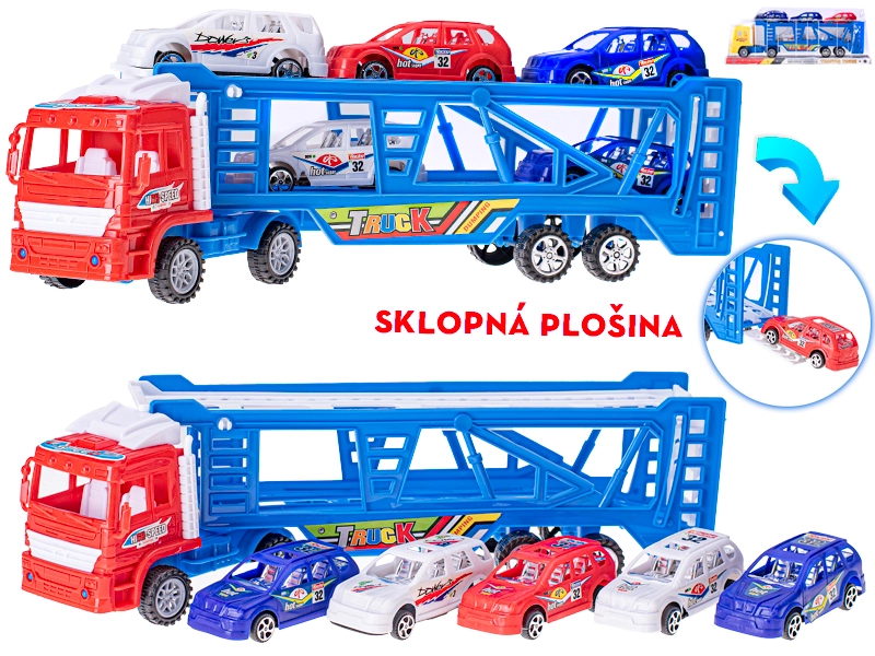 Přepravník aut se setrvačníkem 38 cm s 5 autíčky