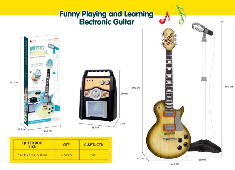dětská elektrická kytara se zesilovačem a mikrofonem – hnědá sada