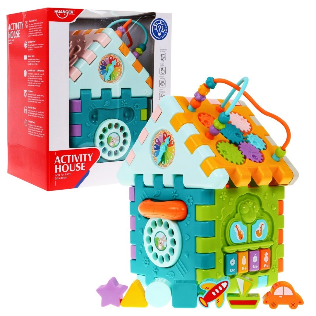 Levně Skládací senzomotorický multidomek pro děti 18m+ s mini hrami, 9 puzzly, třídiči tvarů, provlékáním a hodinami