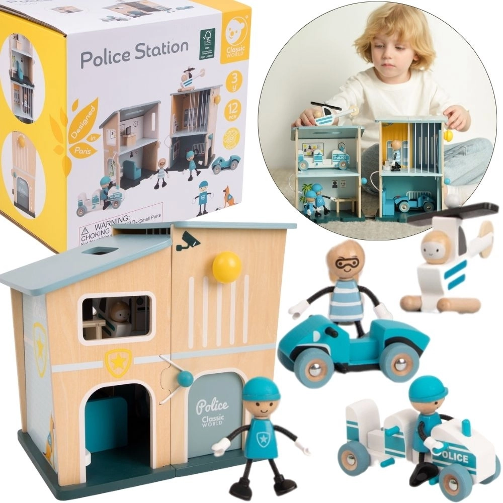 Levně Classic World dřevěná policejní stanice s auty, helikoptérou a figurkami