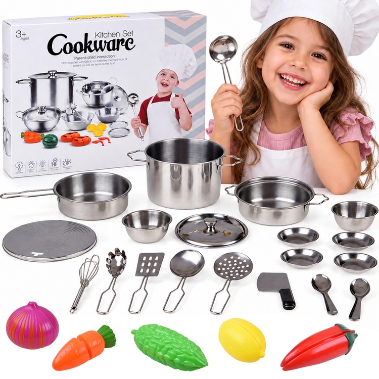 Dětská kovová kuchyňská sada s nádobím a krájecí zeleninou