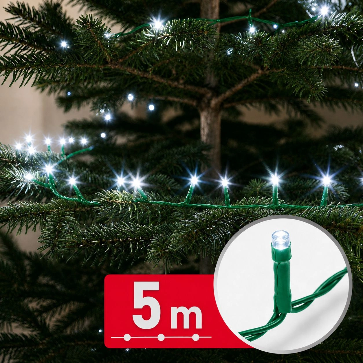 LED světelný řetěz 5 m se 100 LED ve studené bílé barvě