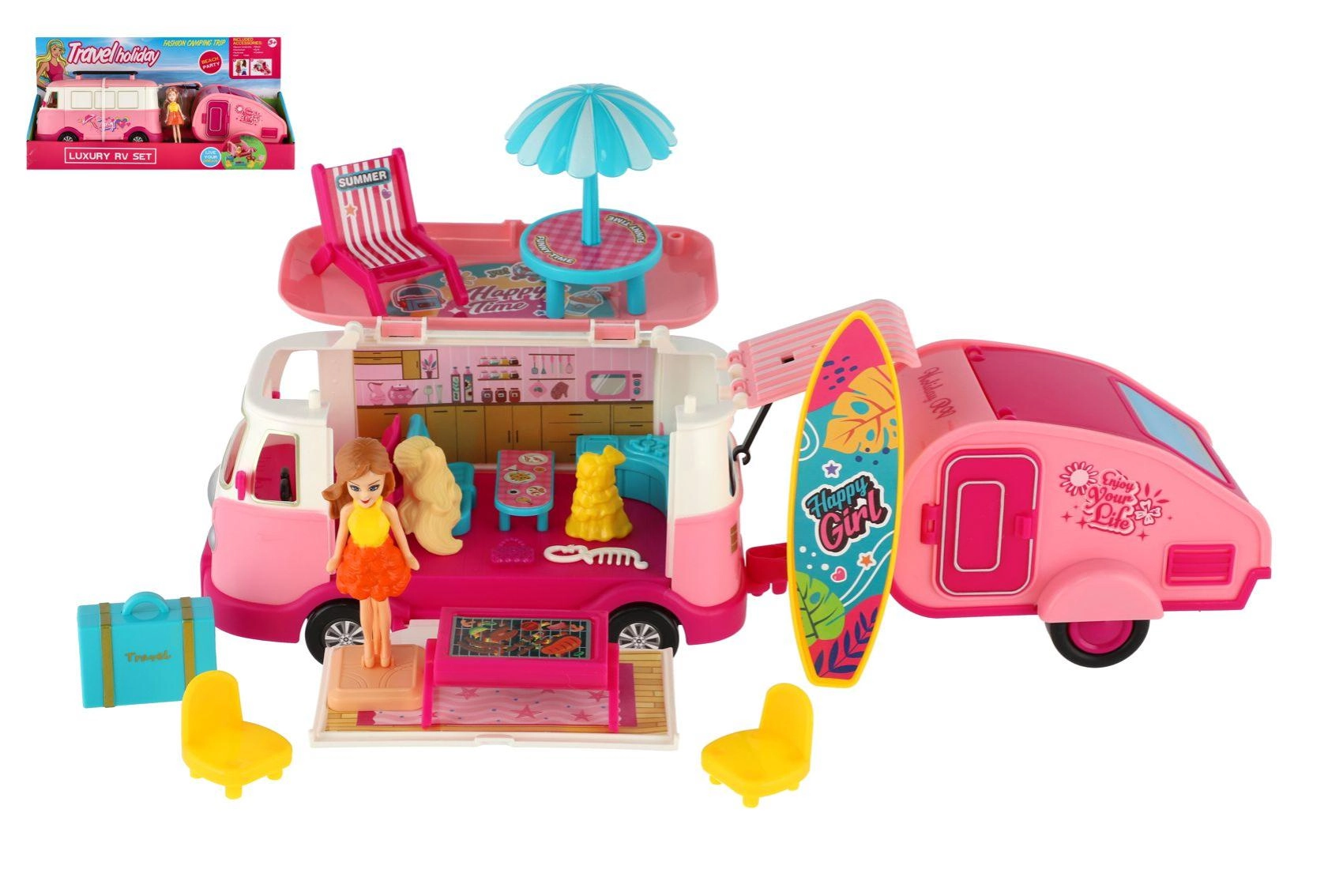 Retro obytné auto s přívěsem a panenkou