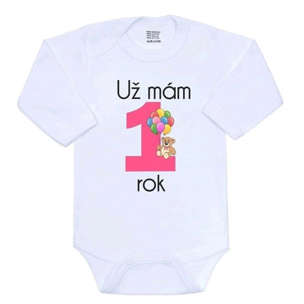 Dojčenské body s potiskem New Baby Už mám 1 rok, růžové, vel. 86
