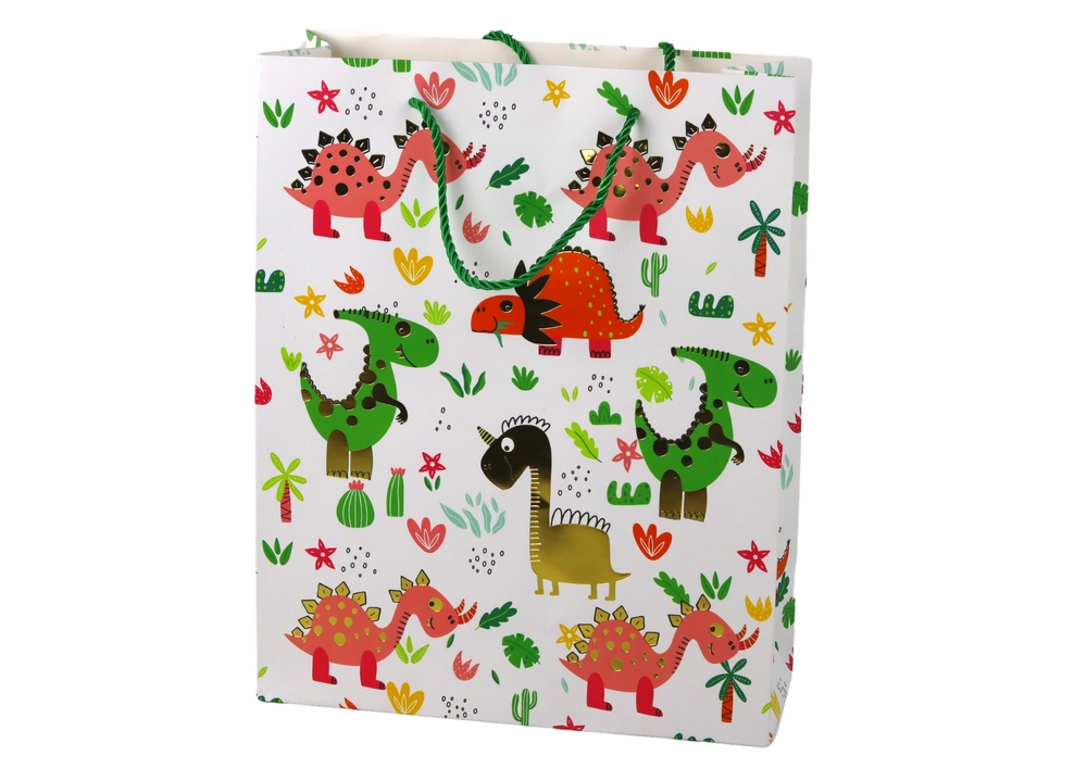 Papírová dárková taška Barevné dinosauři Palmy 32 cm x 26 cm x 10 cm
