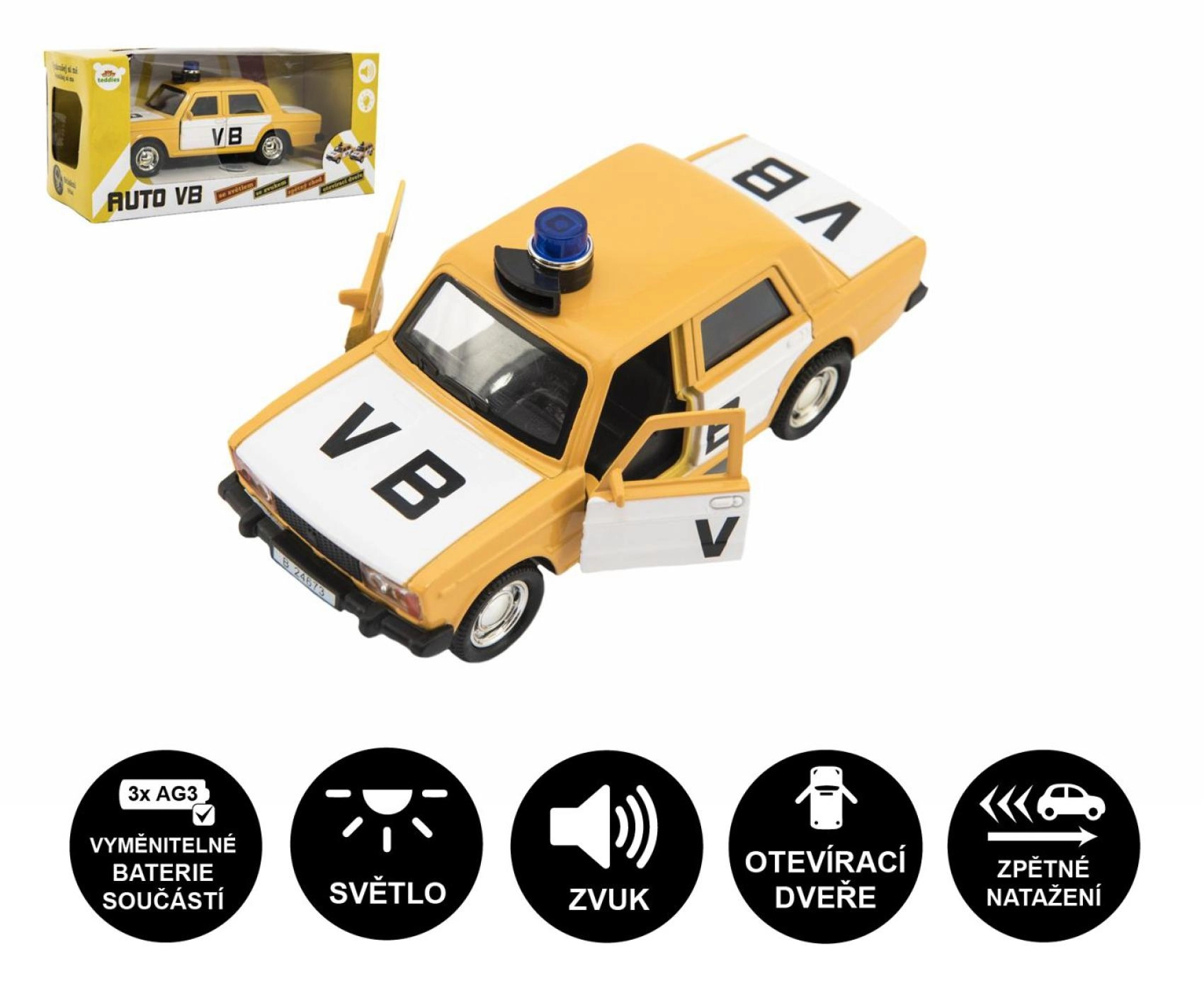 Teddies Policejní auto VB kov/plast 11,5cm na zpětné natažení na baterie se zvukem