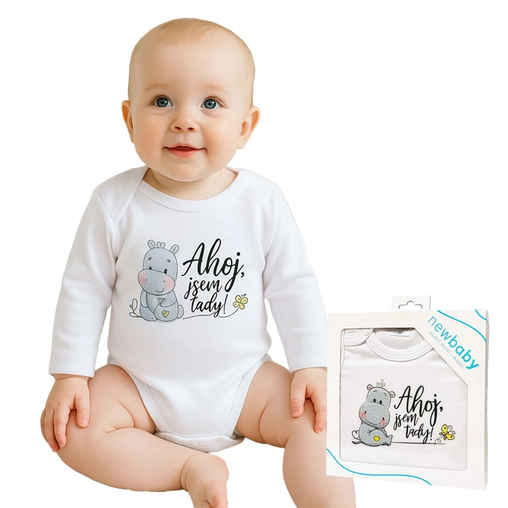 Kojenecké body s potiskem New Baby Ahoj, jsem tady! – dárkové balení