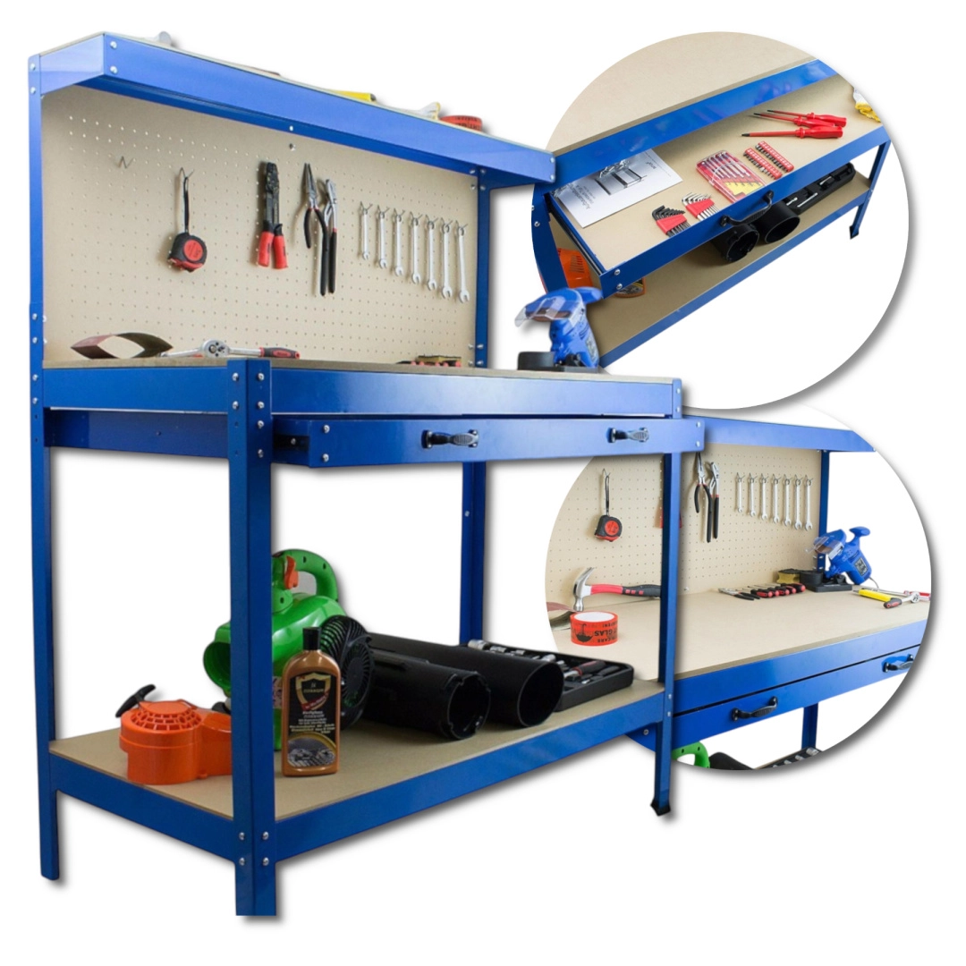 Pracovní stůl do dílny se zásuvkou a držáky, nosnost 100 kg, 115 × 55 cm