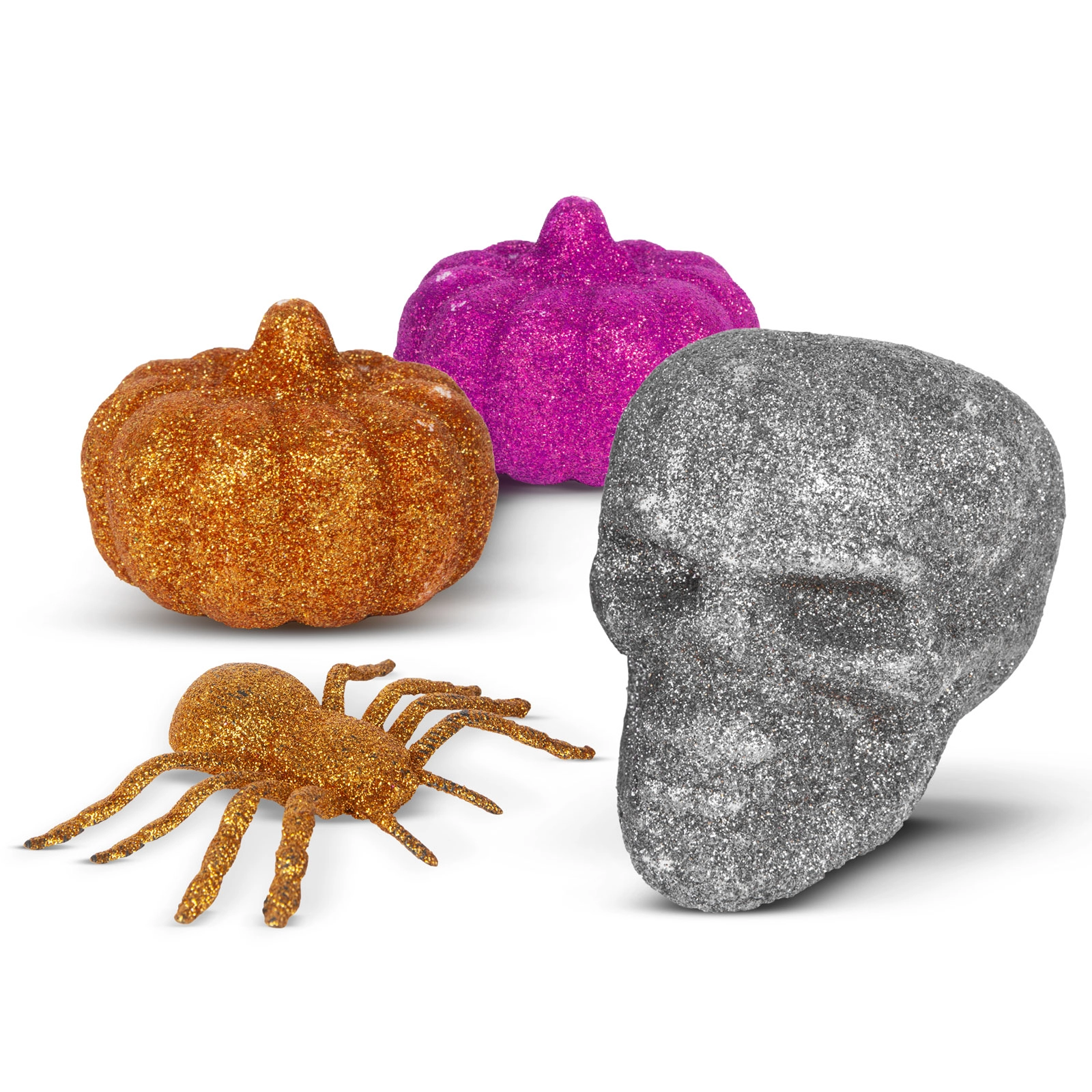 Glitrová halloweenská dekorační sada s pavoukem, lebkou a dýněmi