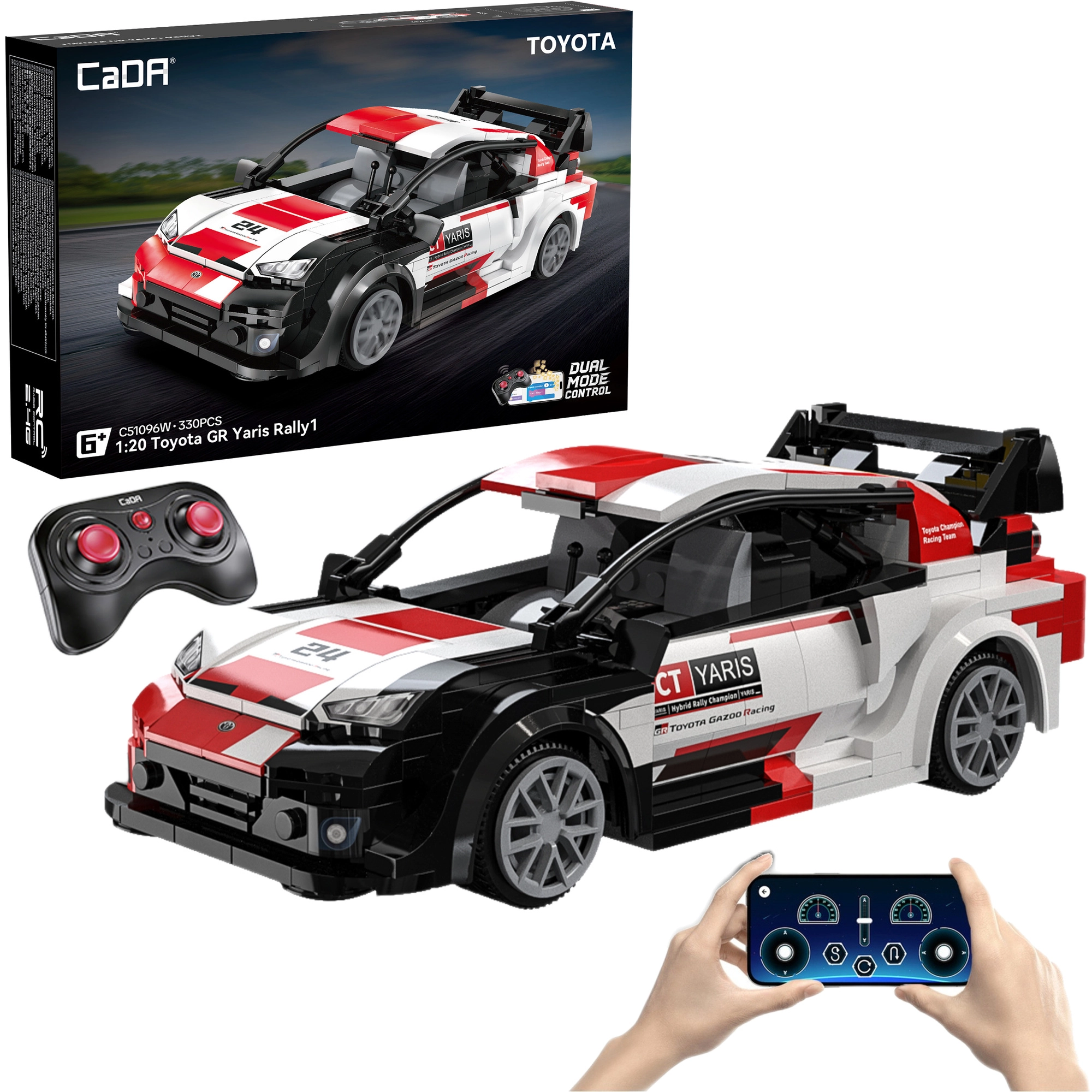 CaDA Toyota GR Yaris Rally1 RC stavebnice – závodní auto na dálkové ovládání, 330 dílků