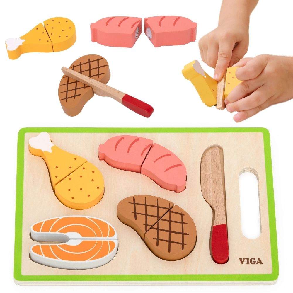 VIGA dřevěná sada na krájení masa pro děti