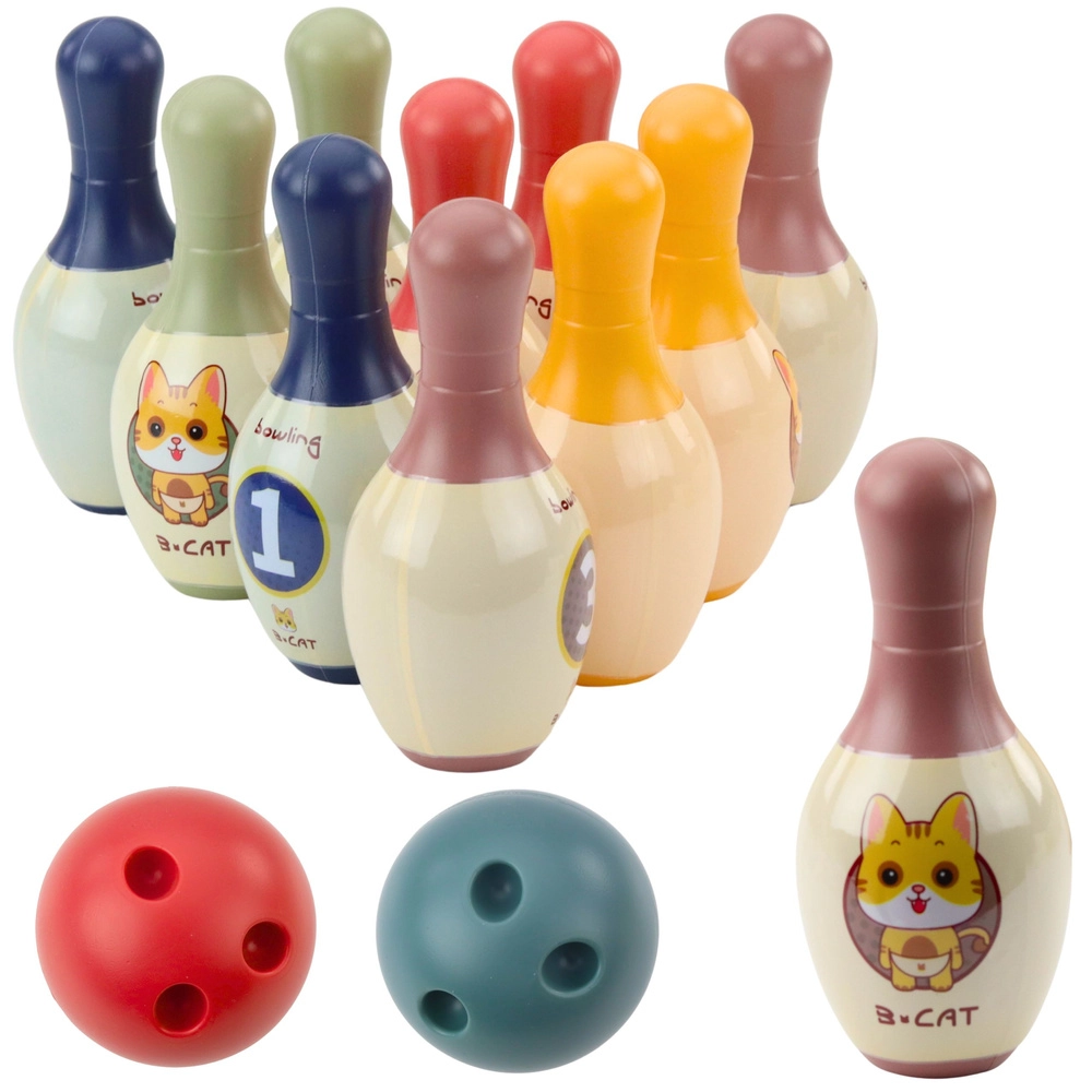 Dětský bowlingový set s koťátky – 10 kuželek a 2 barevné koule