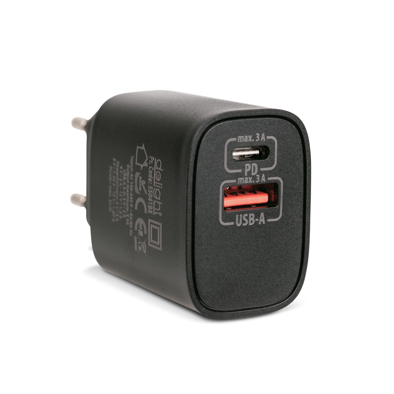 Síťový adaptér USB-A a USB-C PD 20 W s rychlým nabíjením černý