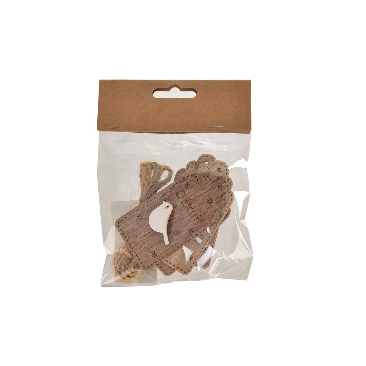 Dřevěná jmenovka „Děkuji“ hnědá 4×8 cm (4 ks)