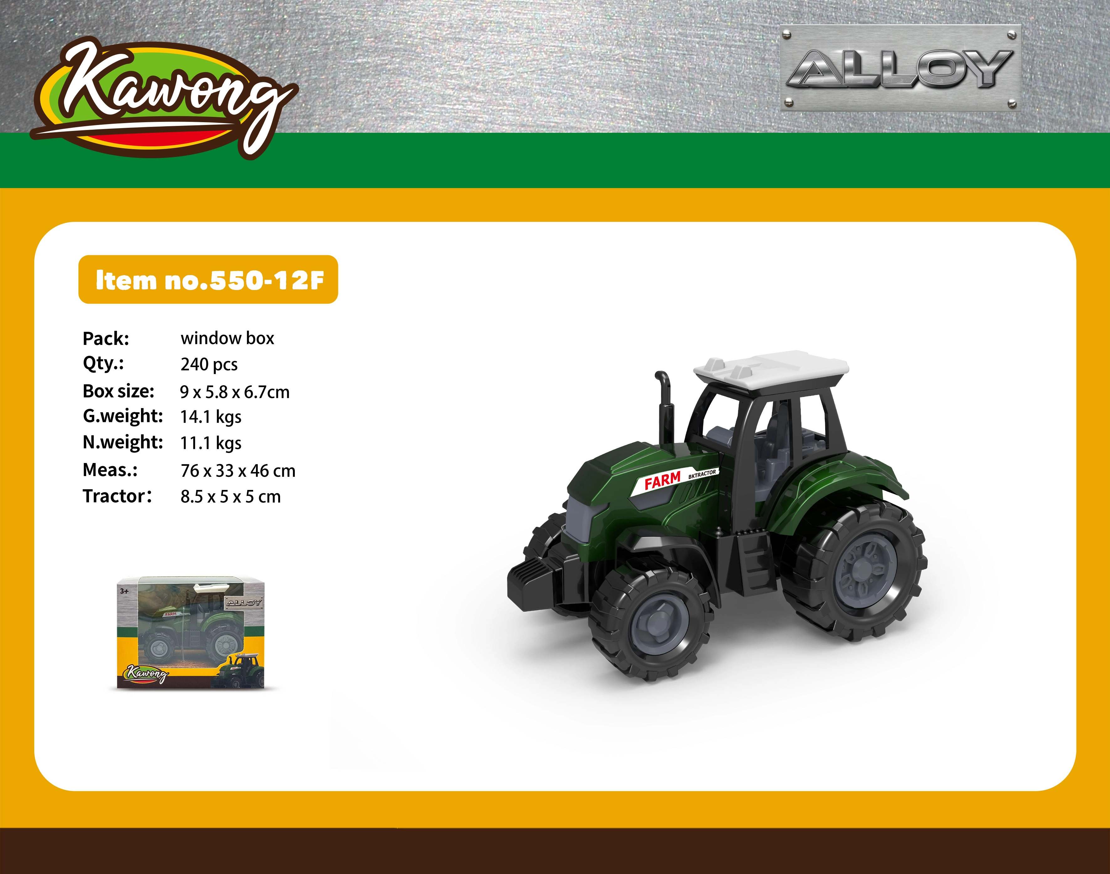 Kovový traktor 8,5 cm s volnoběžnými koly