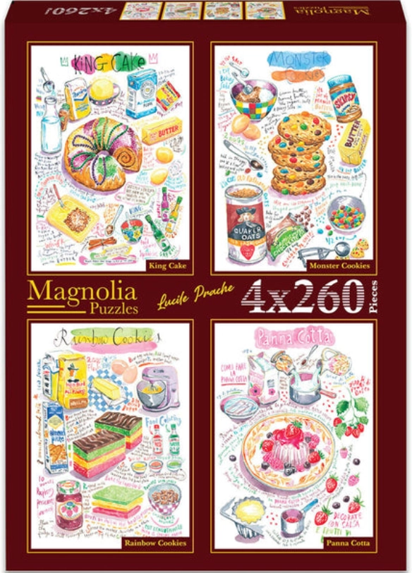 Magnolia puzzle bábovka, příšerkové sušenky, duhové sušenky a panna cotta 4x260 dílků