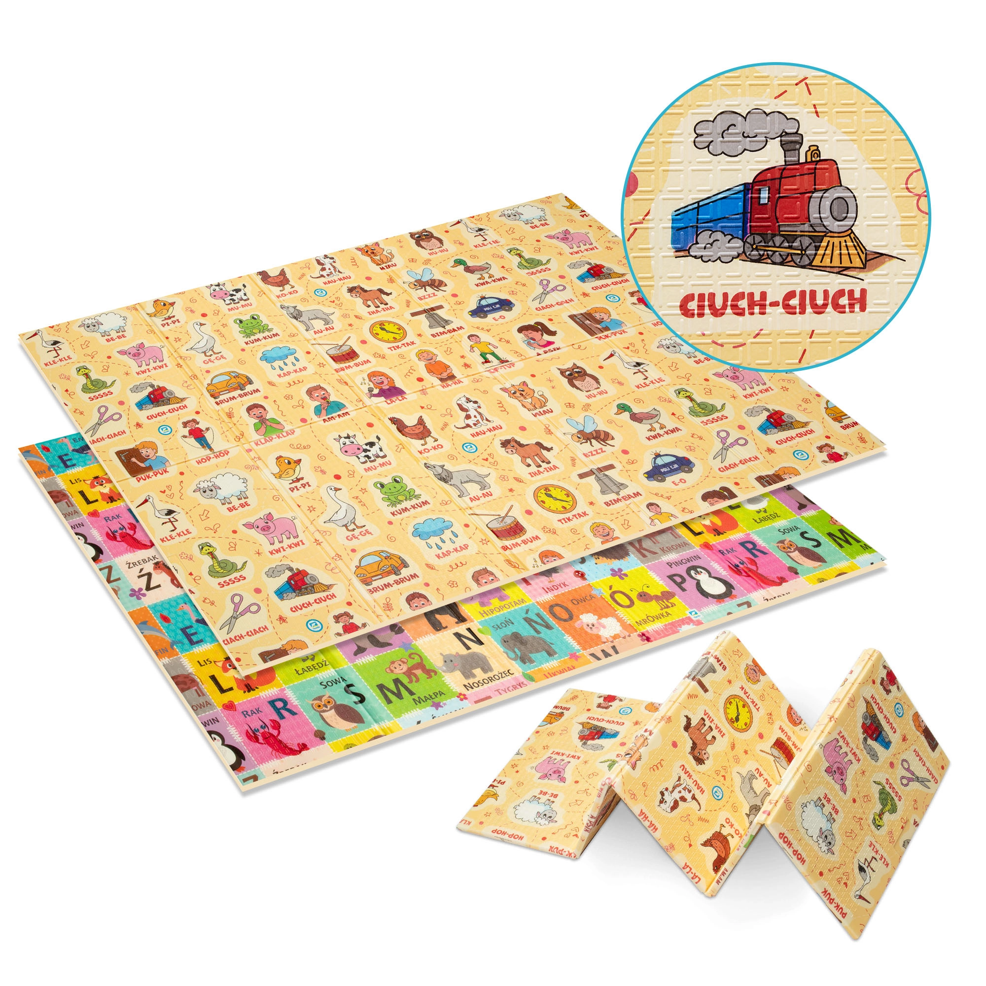 Skládací oboustranná pěnová podložka HUMBI z XPE 180 × 120 cm – onomatopoje, abeceda a zvuky zvířat