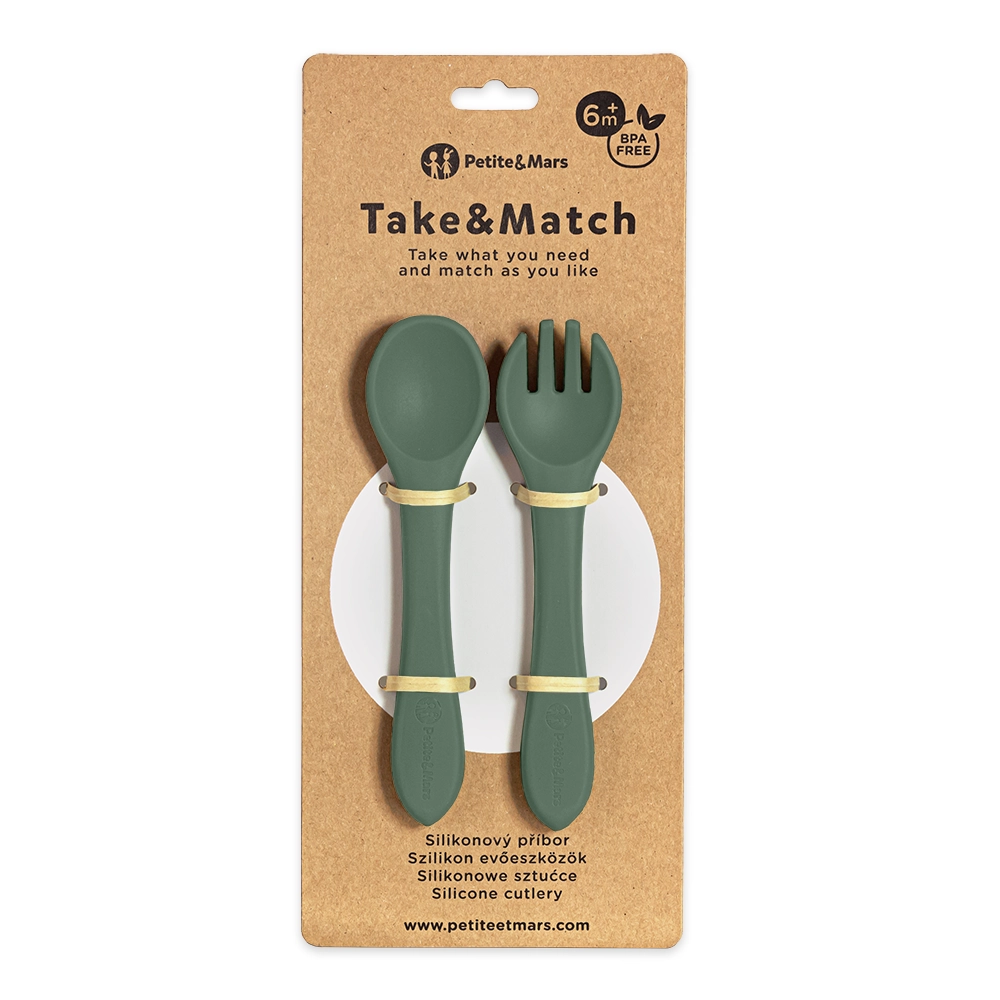 Petite&Mars Take&Match Silicone Cutlery příbor Misty Green 6 m+ 2 ks
