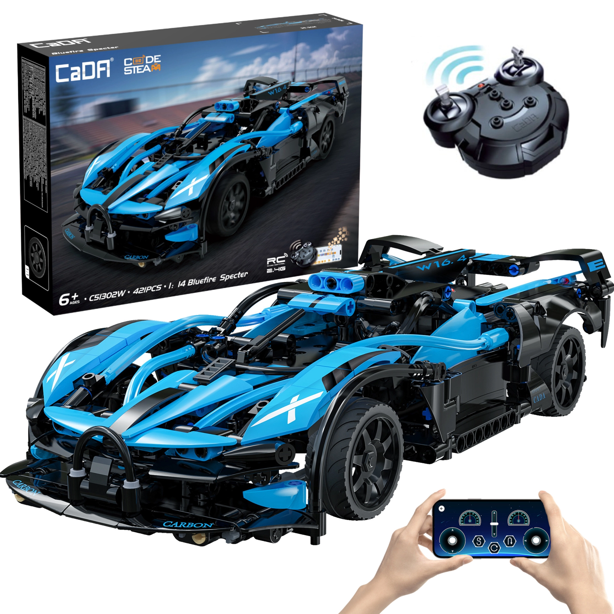 Stavebnice CaDA Bluefire Specter RC závodní auto 1:14, 421 dílků