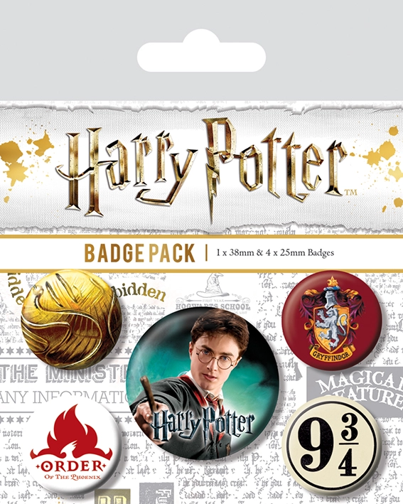 CurePink Set 5 Placek Harry Potter Erb Nebetvír Gryffindor 2,5 cm a 3,8 cm
