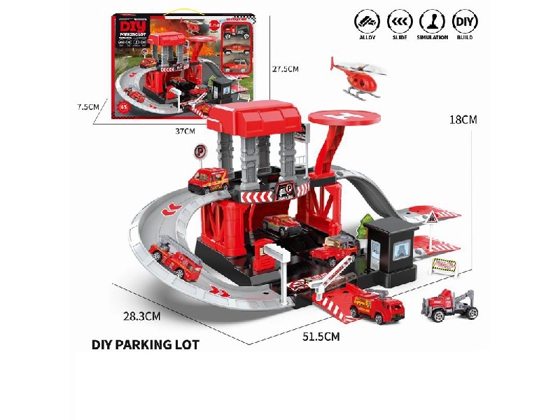 Parkovací sada s hasičskými kovovými auty a helikoptérou
