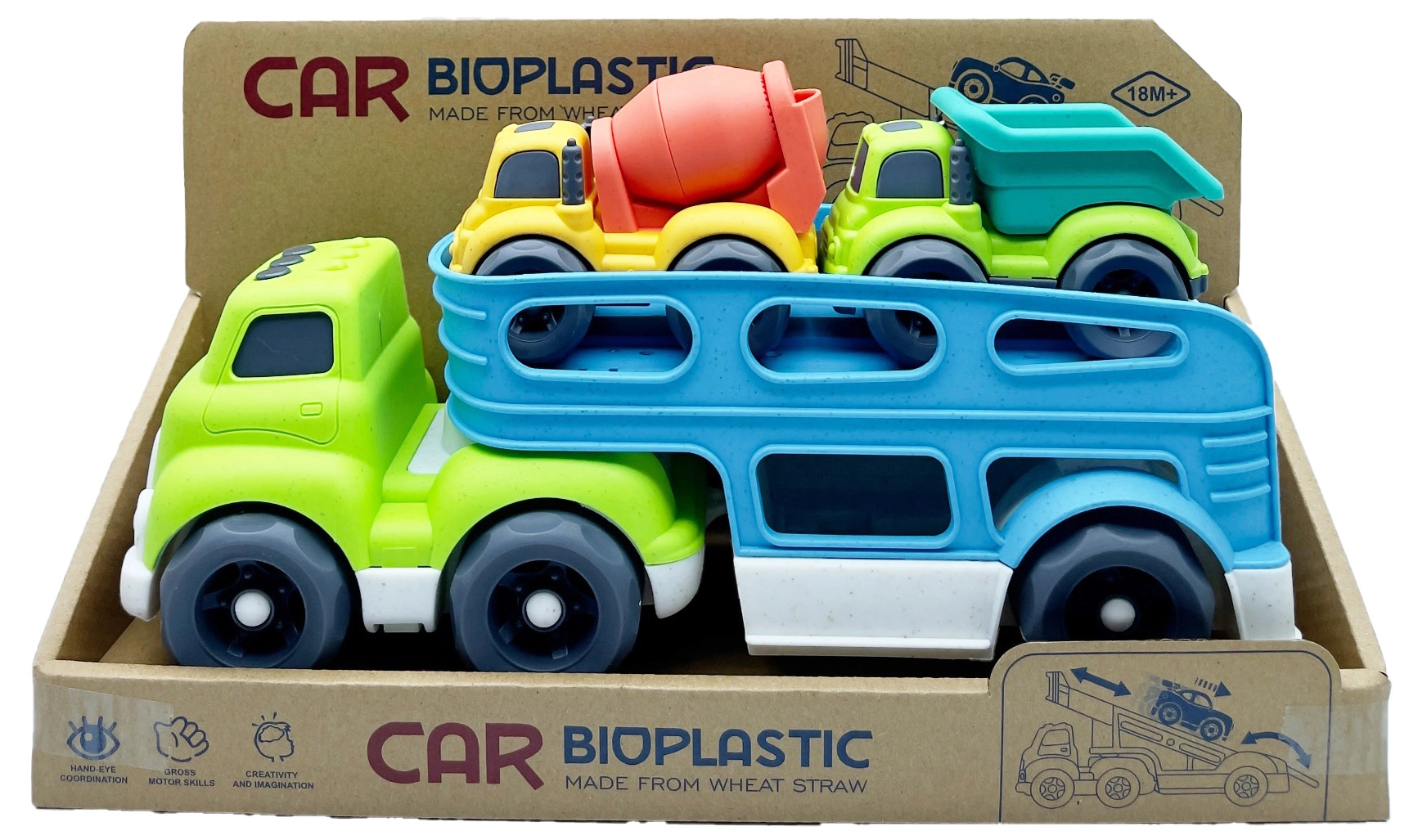 Bioplastový Truck - Přepravník a dvě autíčka (žlutá míchačka, zelený sklápěč) 37 cm