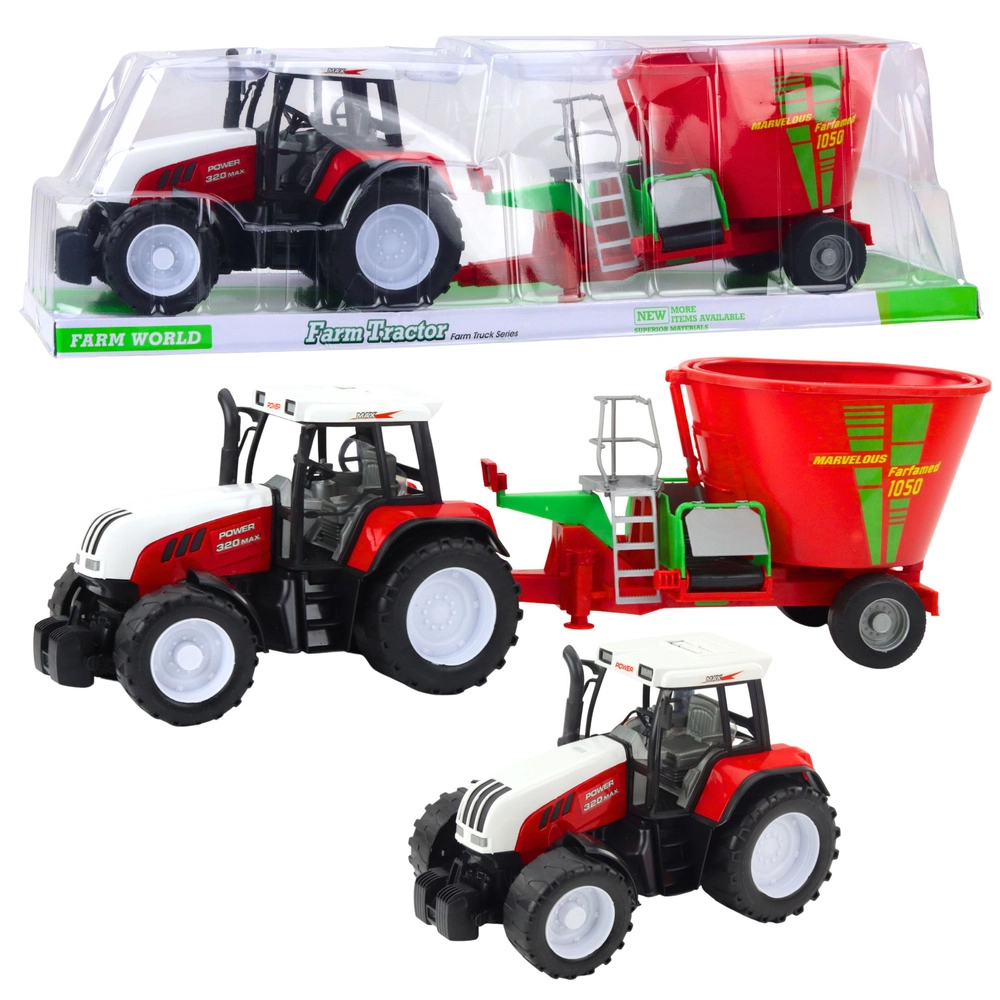 Červený farmářský traktor s přívěsem a míchadlem krmiva 60 cm